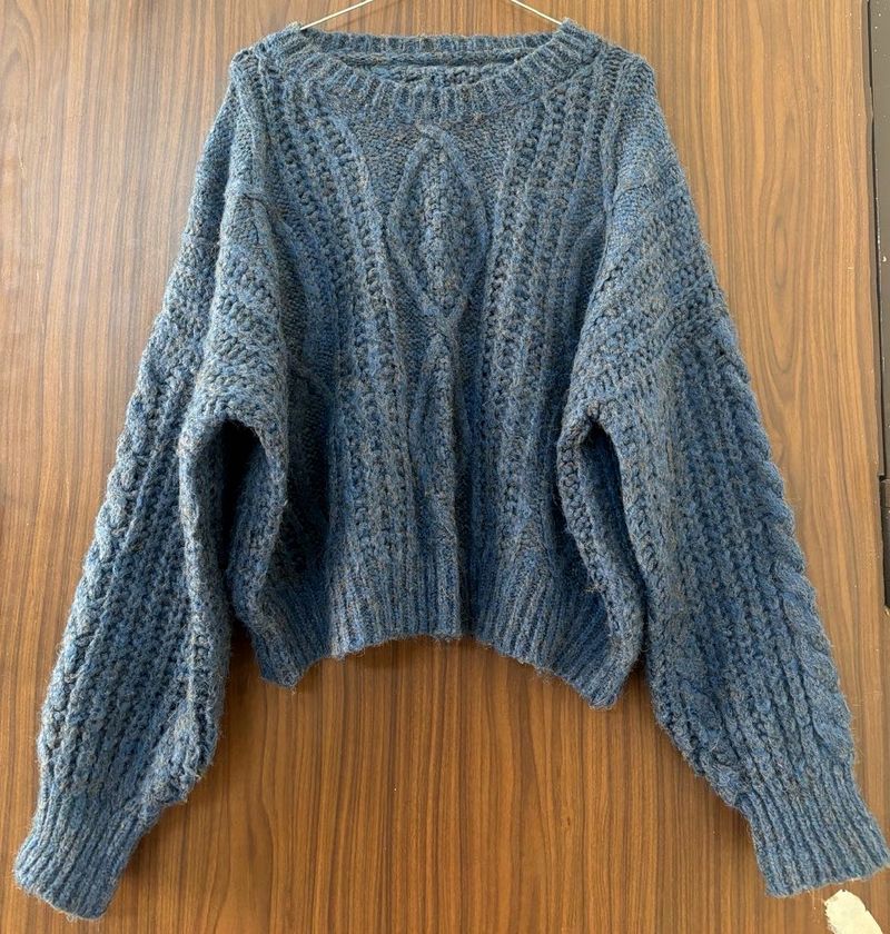 Blue Knit Cable Pullover Sweater