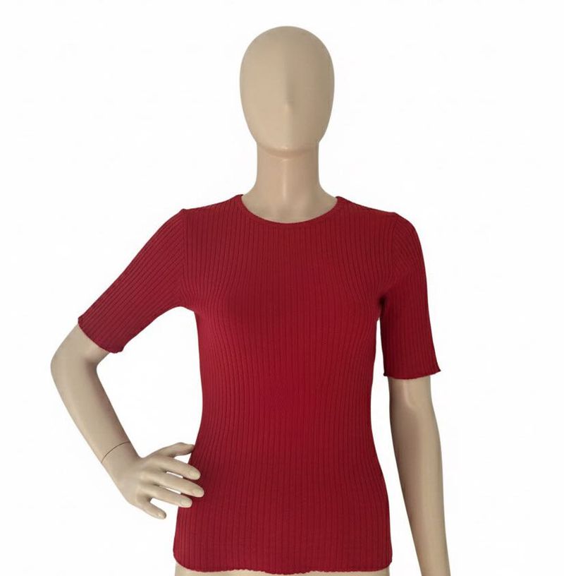 Red Ribbed Knit Short Sleeve Top