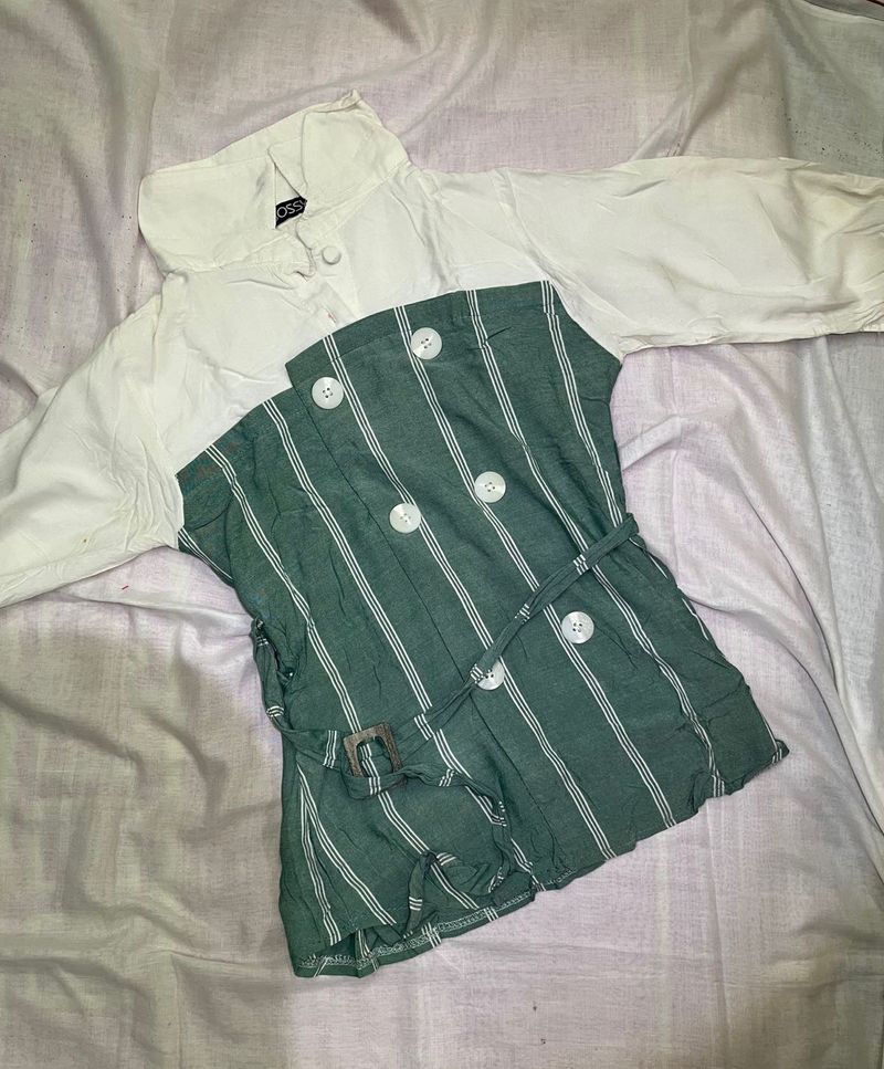 Two-Tone Collared Button-Detail Tunic Top