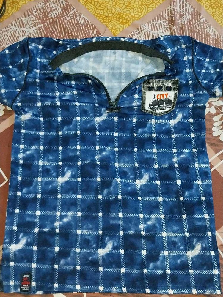 Boys Blue Plaid Quarter-Zip T-Shirt