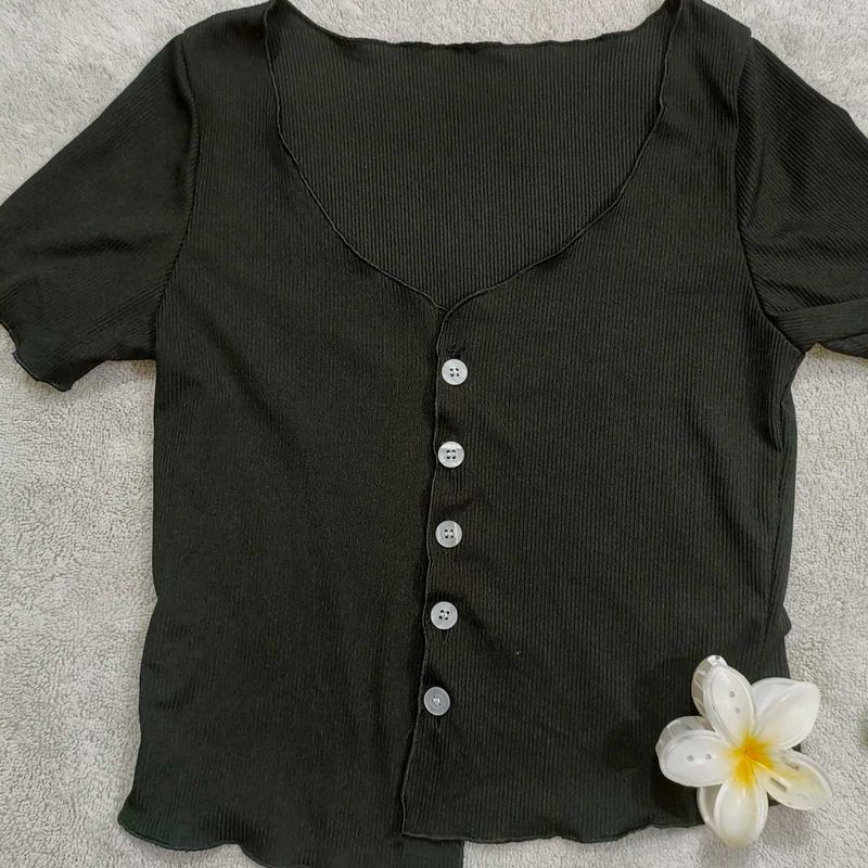 🖤 Elegant Black Ribbed Button-Down Top | Chic