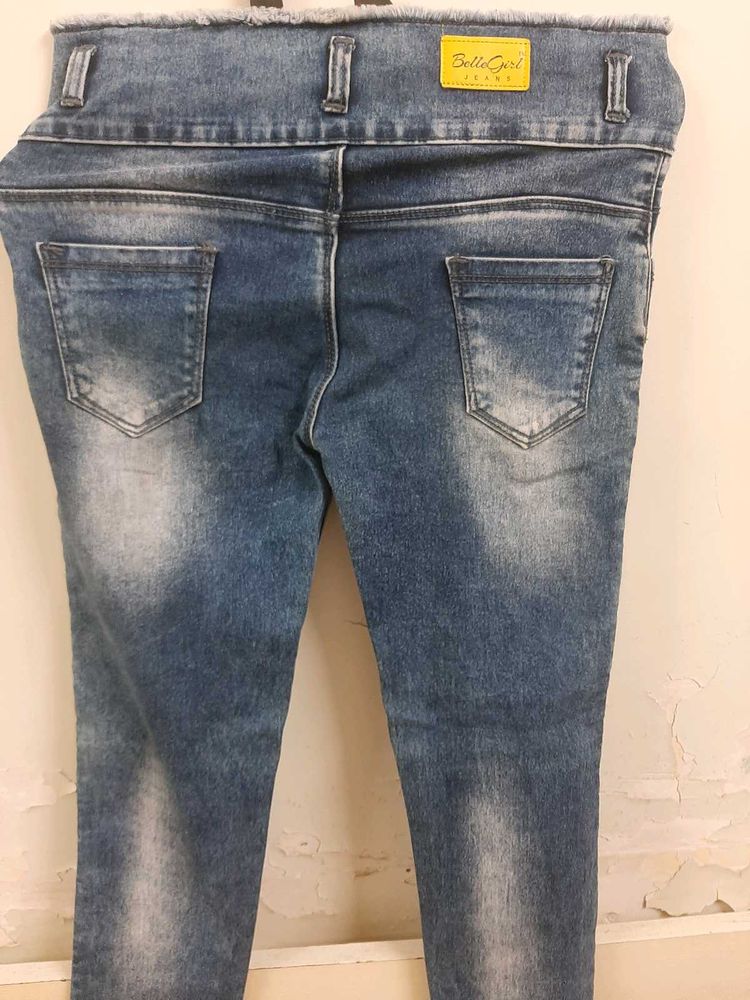 Blue Washed Patchwork Button Jeans