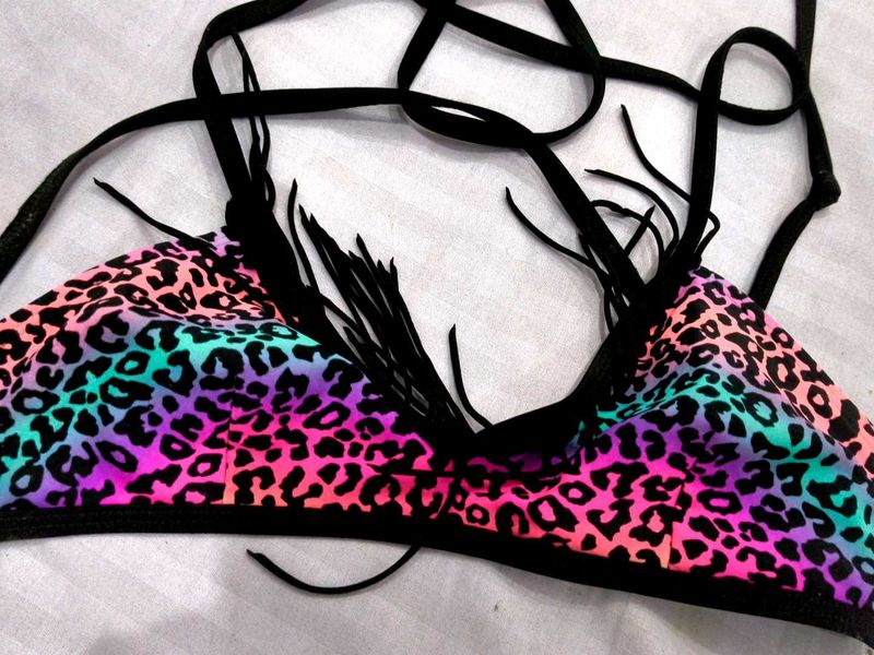 Multicolor Neon Leopard Print Bikini Top