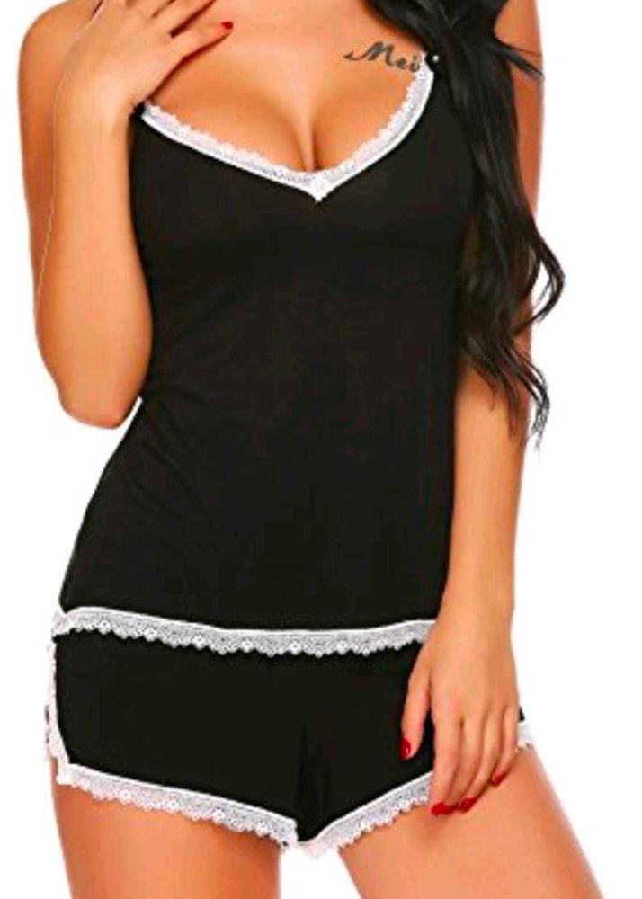 Black Lace Trim Pajama Set