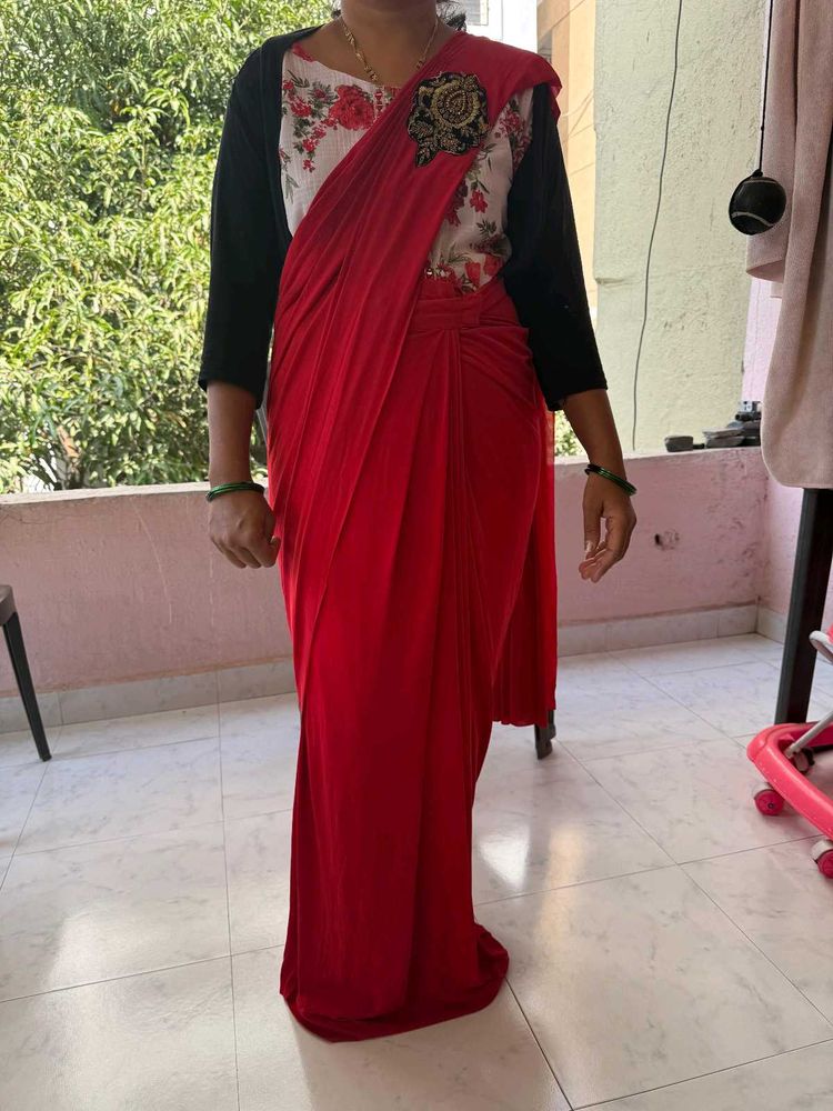 Elegant Red Saree with readymade blouse