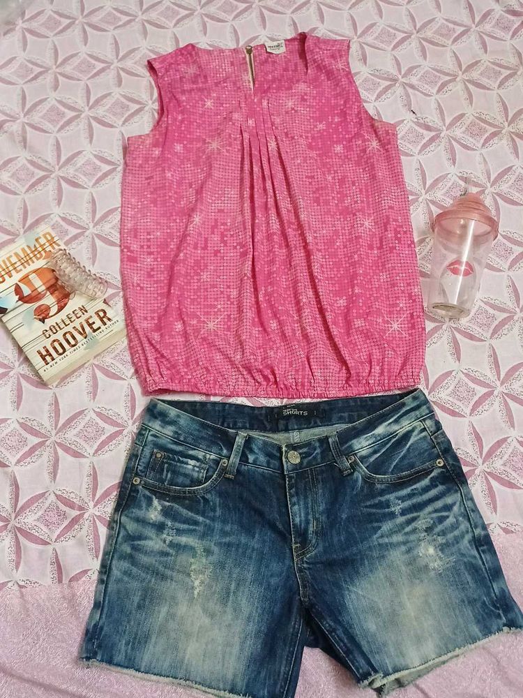 Dazzled Top And Denim Shorts Combo
