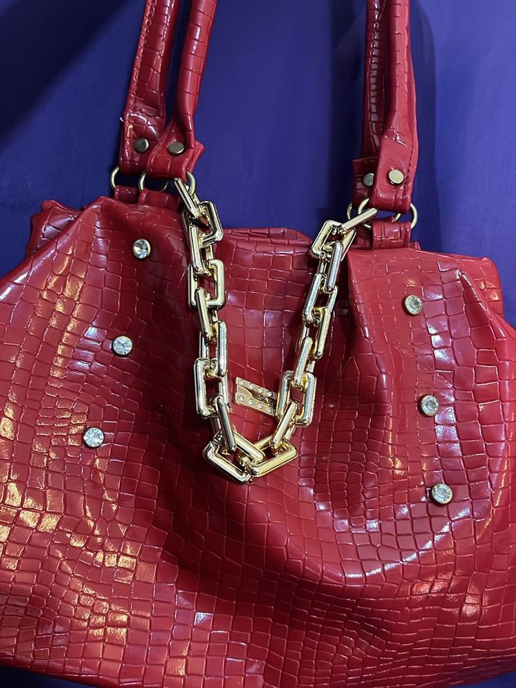Red Party Handbag For Women With Chain Detailings