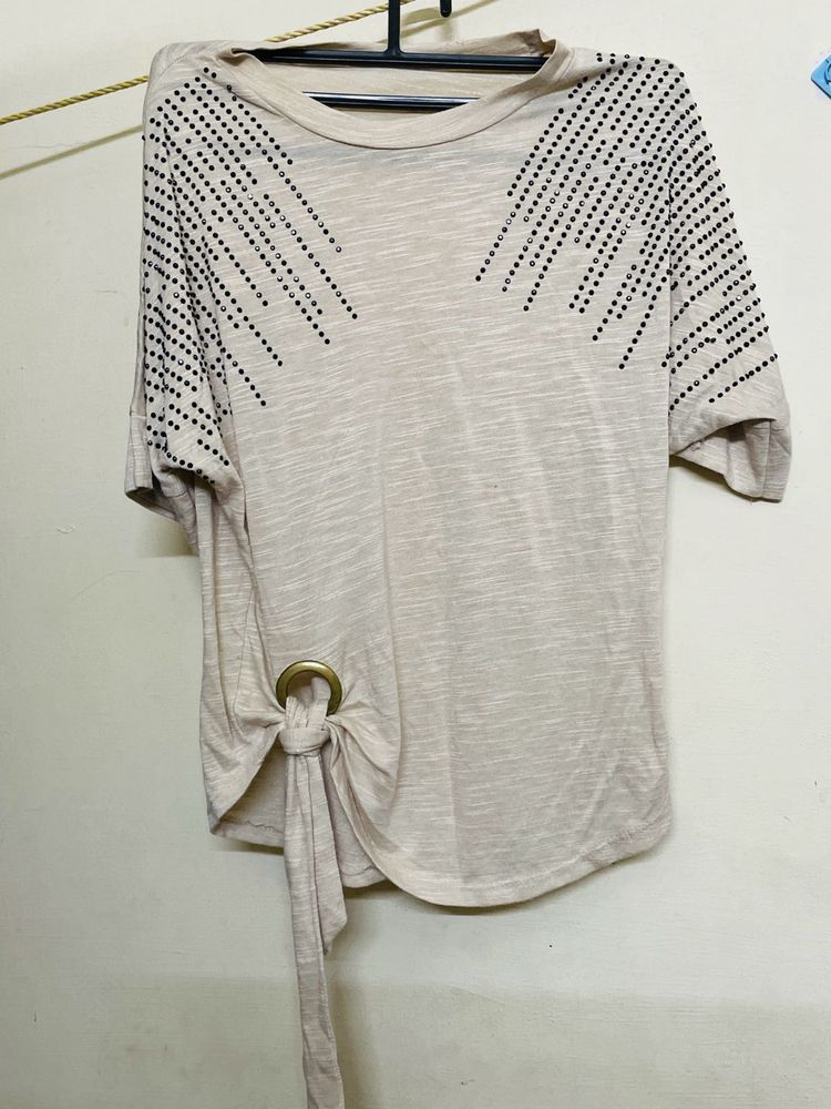 Beige Embellished Tie-Front Tee