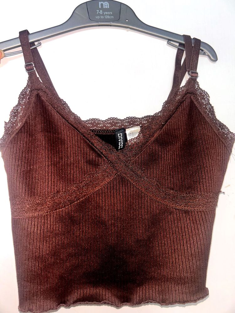Brown Lace Trim Cami Top