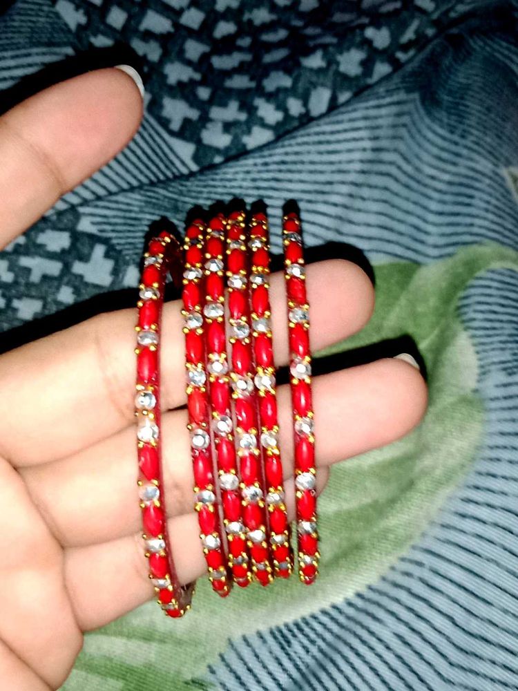 Red &amp; Silver Beaded Bangles - Set of 6