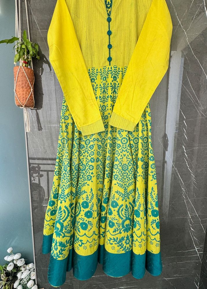 Yellow &amp; Teal Floral Anarkali Dress