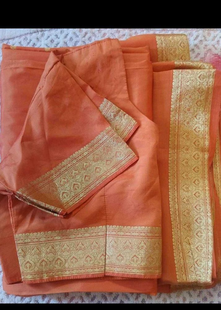 Elegant Peach Saree with Gold Border