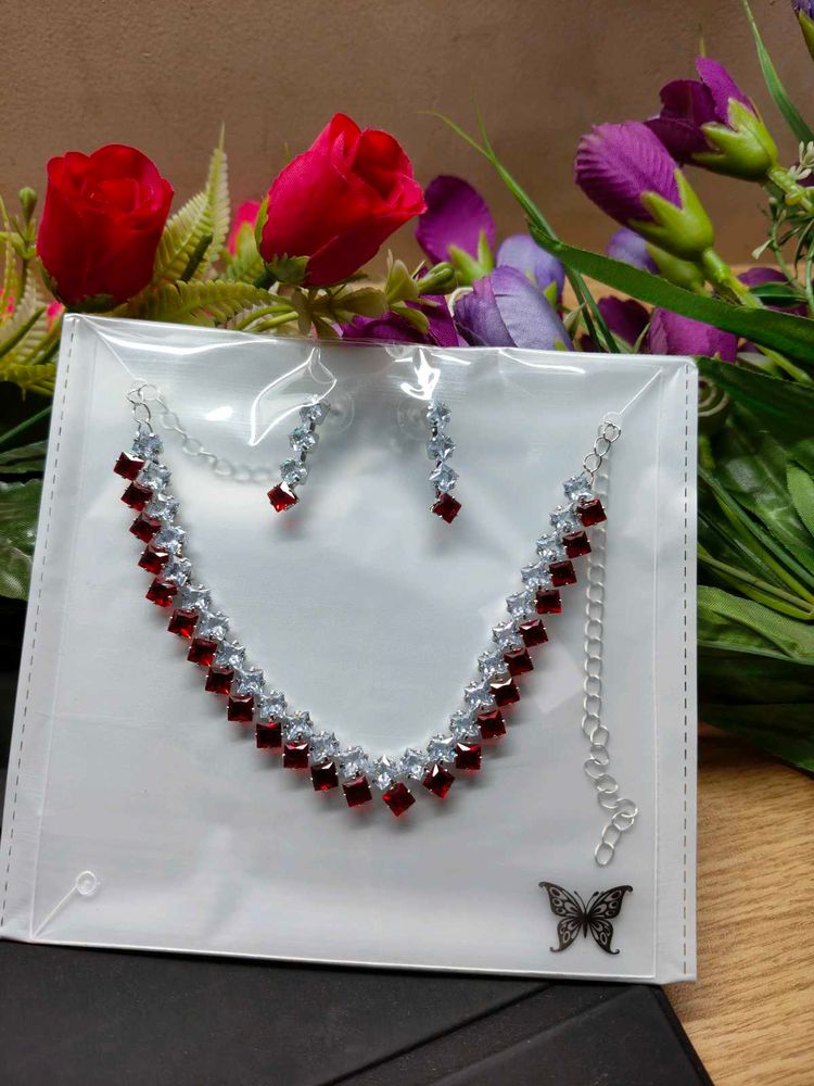 Red &amp; Silver Necklace and Earring Set