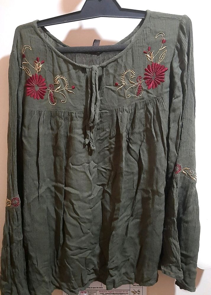 Olive Bell Sleeved Embroidered Top