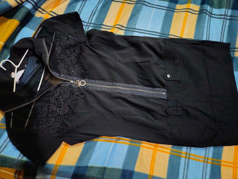 Black Zip-Up Dress with Floral Applique