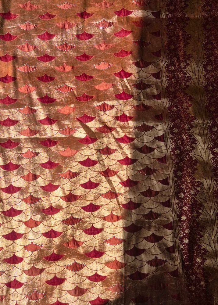 Beautiful golden brocade saree with elegant maroon