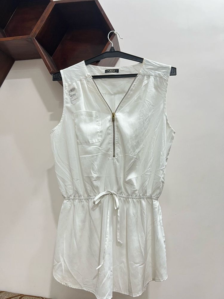 White Sleeveless Zip-Up Top