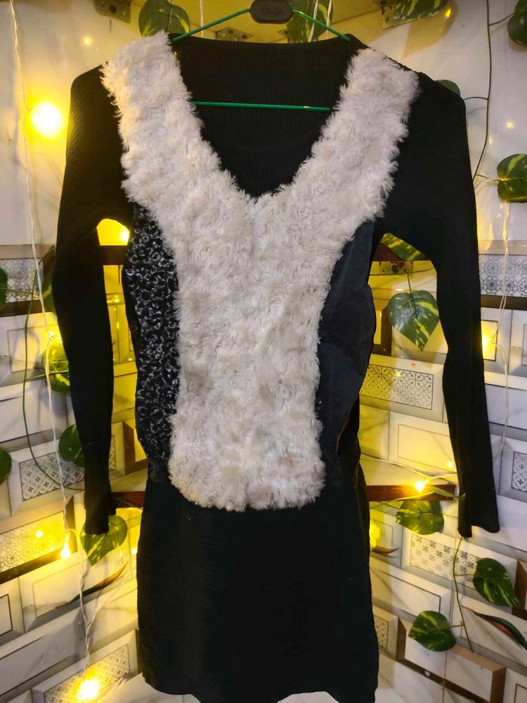Black Dress with Faux Fur Detail