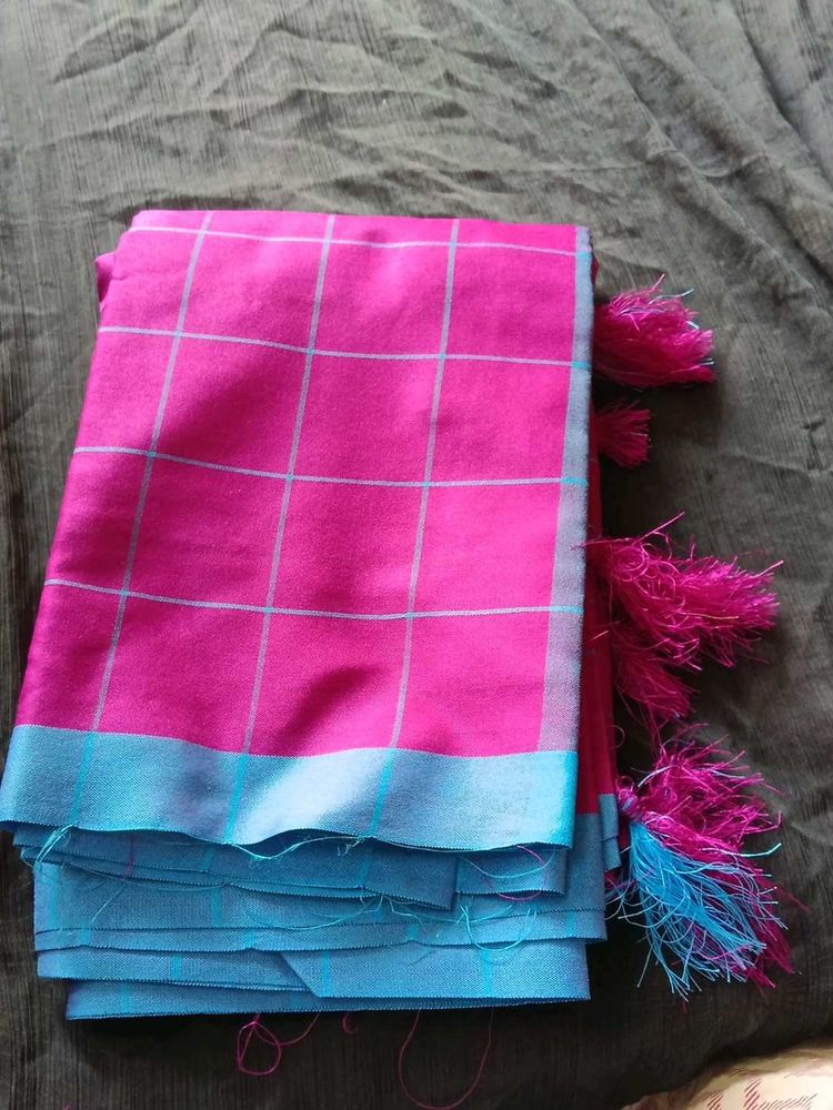 Pink &amp; Blue Checkered Saree with Tassels