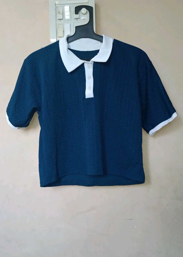 Navy Blue Polo Crop Top