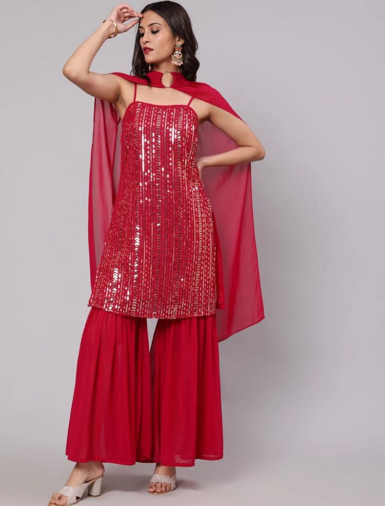 Red Sequin Sharara Set