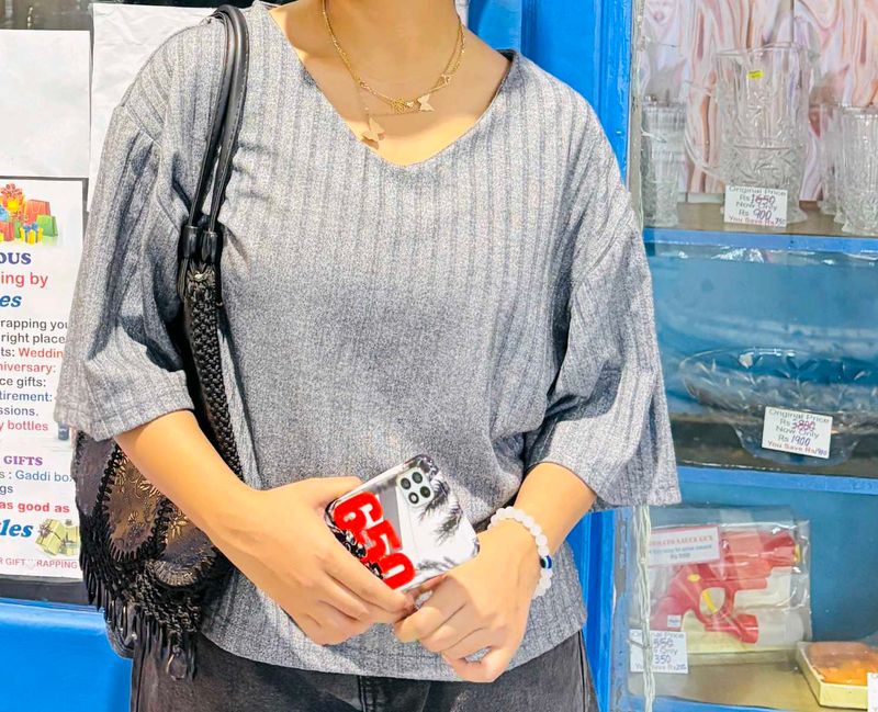 Gray Ribbed V-Neck Top