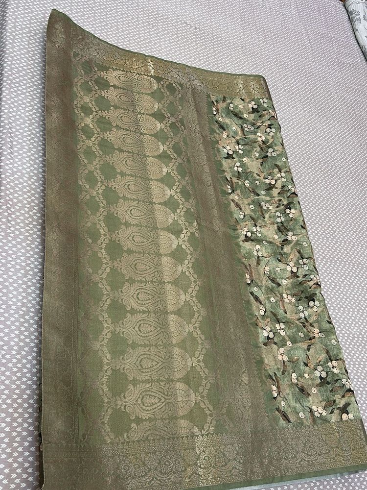 Sage Green Floral Banarasi Saree with Blouse- New