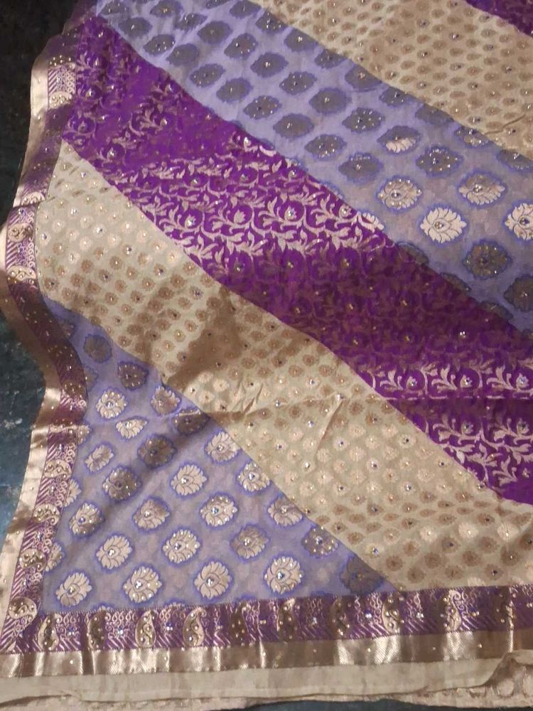 Purple &amp; Beige Embellished Saree