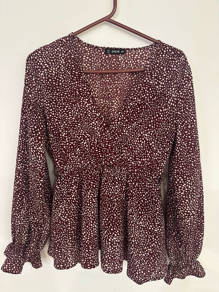 Maroon Printed Shein Peplum Top - Size M