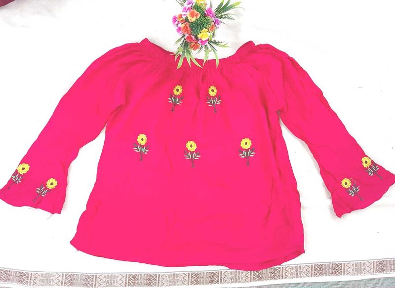 Pink Embroidered Bell Sleeve Top