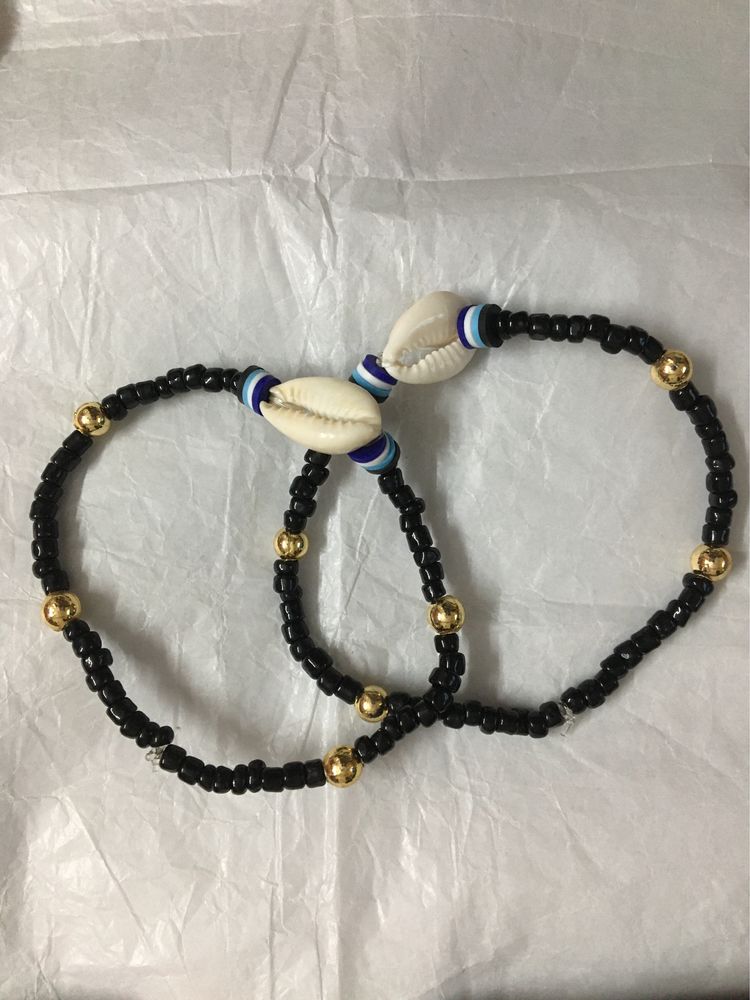 EVIL EYE FEMO BEAD&amp; Shell Charm Anklets Pair