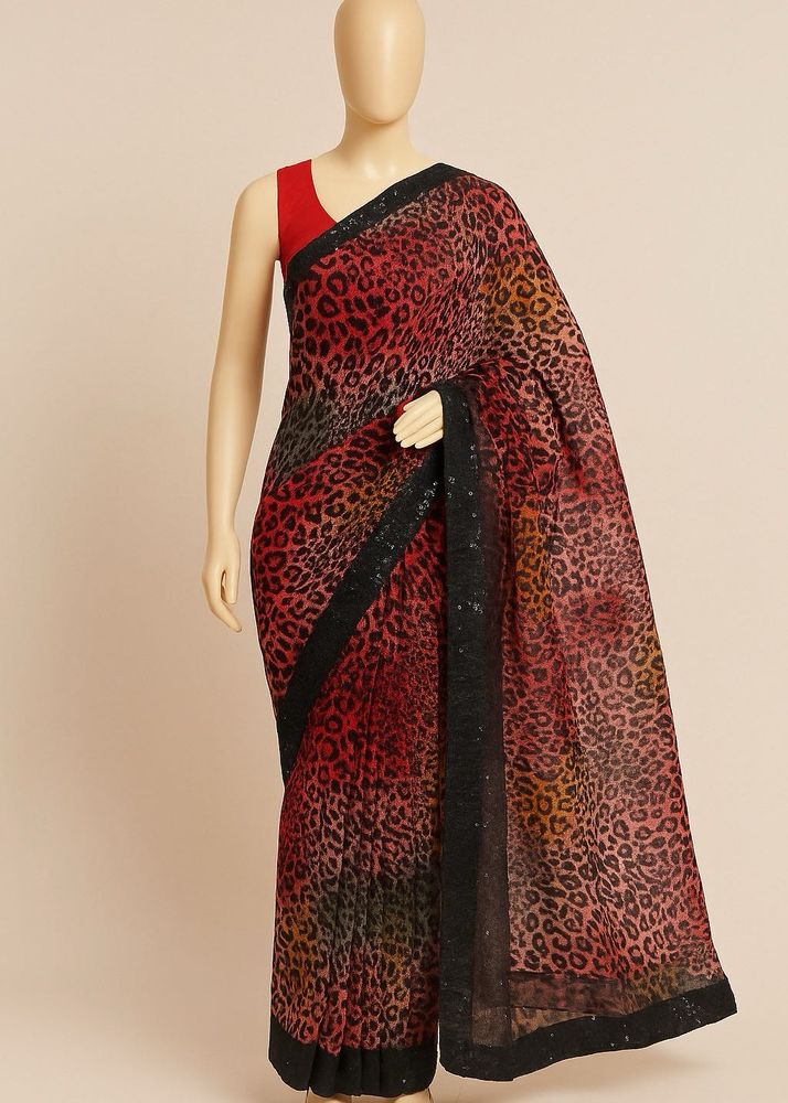 Sequins Red Saree With Blouse