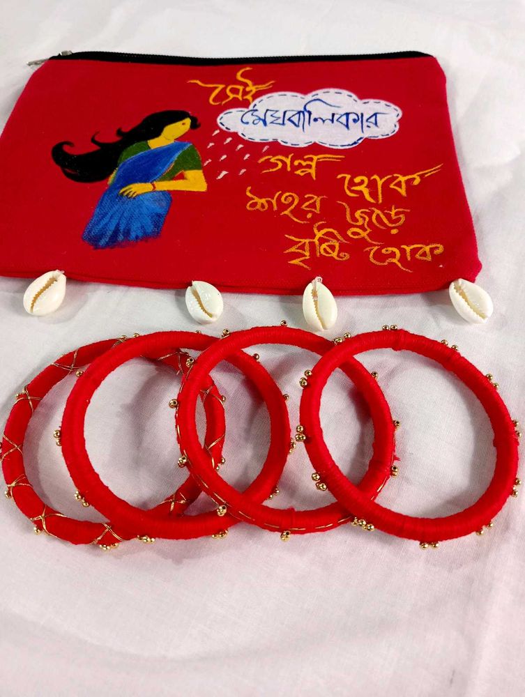Handcrafted Red Pouch &amp; Bangles
