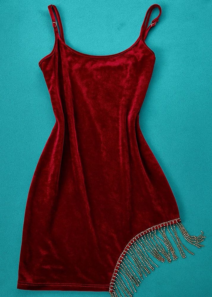 Red Velvet Mini Dress with Fringe