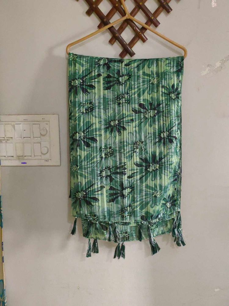 Green Floral Print Zari Striped Scarf