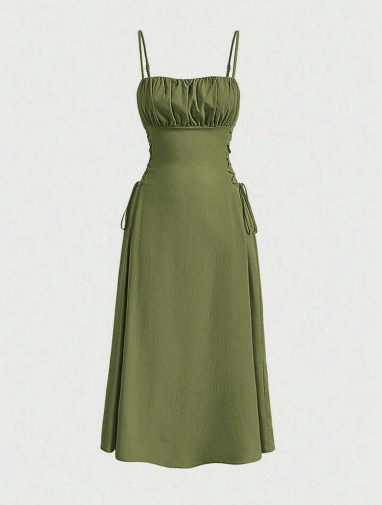 Ruched Bust Lace Up Olive Classy Dress