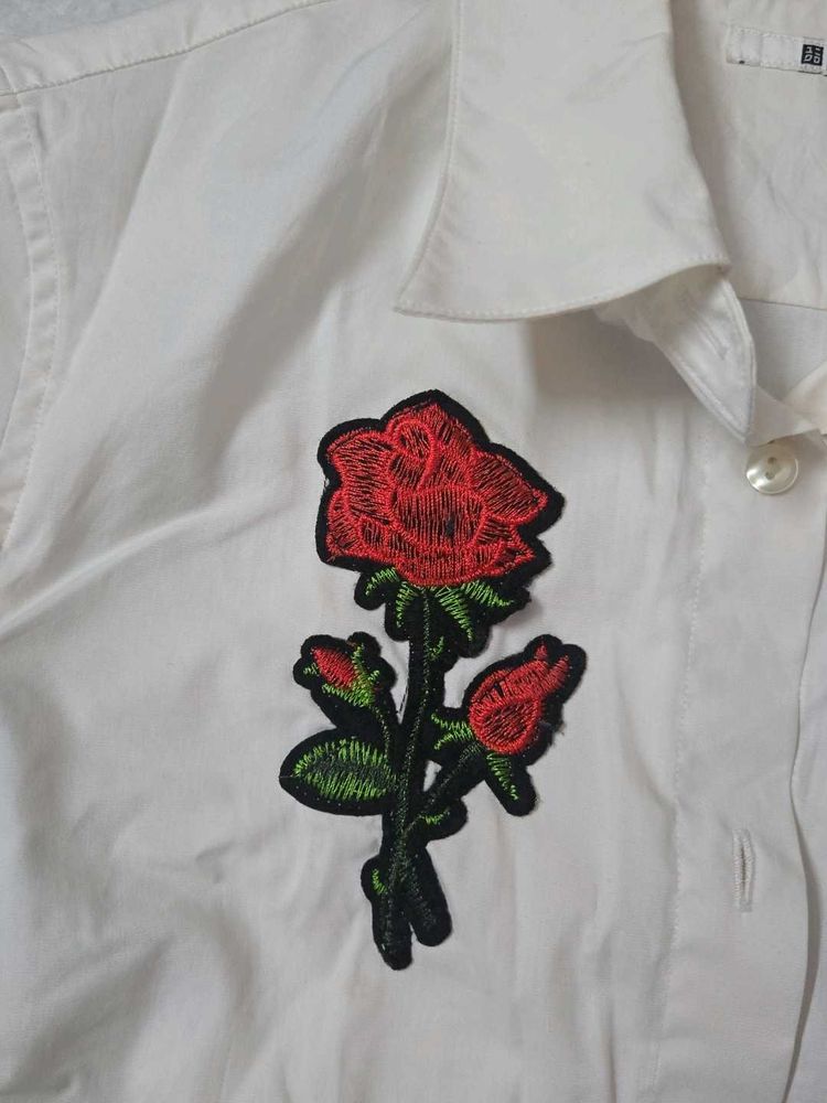 White Shirt with Rose Patch