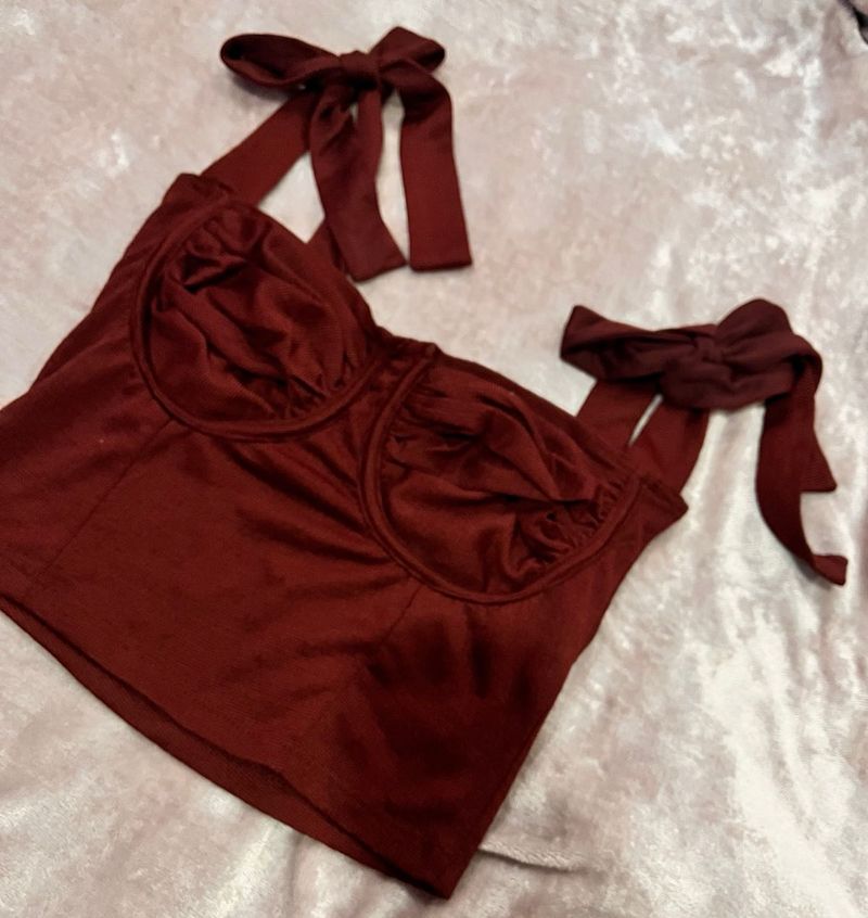 Burgundy Tie Strap Corset Top with slit skirt