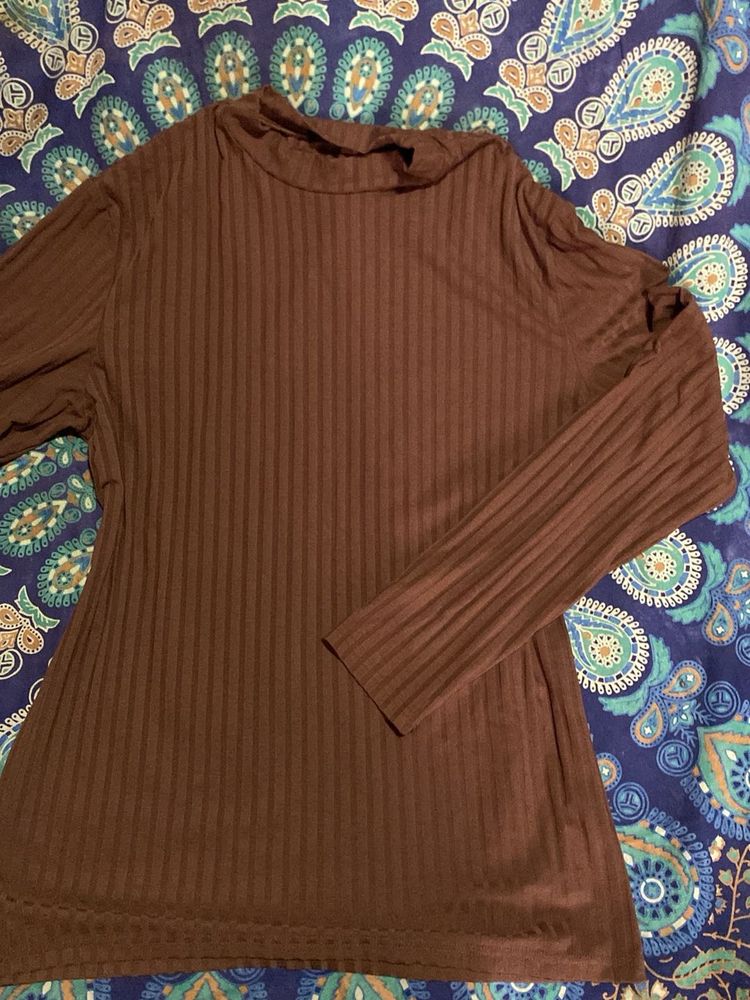 Brown Ribbed Long Sleeve Top
