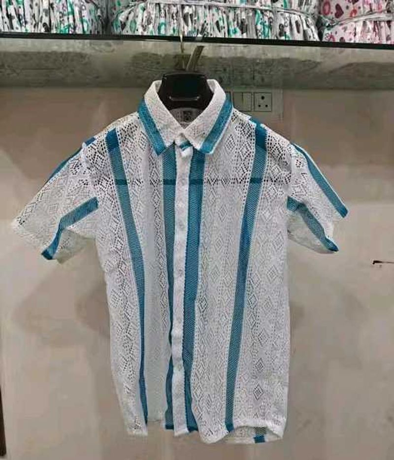 Lace Striped Short Sleeve Shirt Net