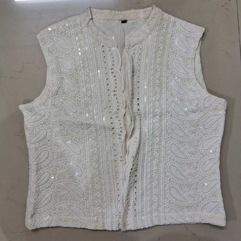 White Embroidered Sleeveless Jacket