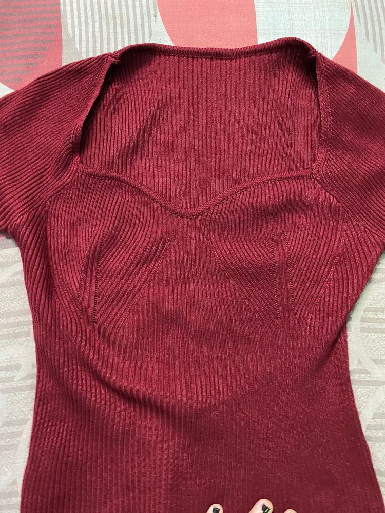 Red heart-neck top