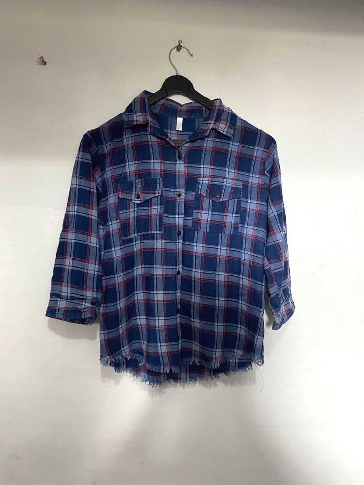 Blue Plaid Frayed Flannel