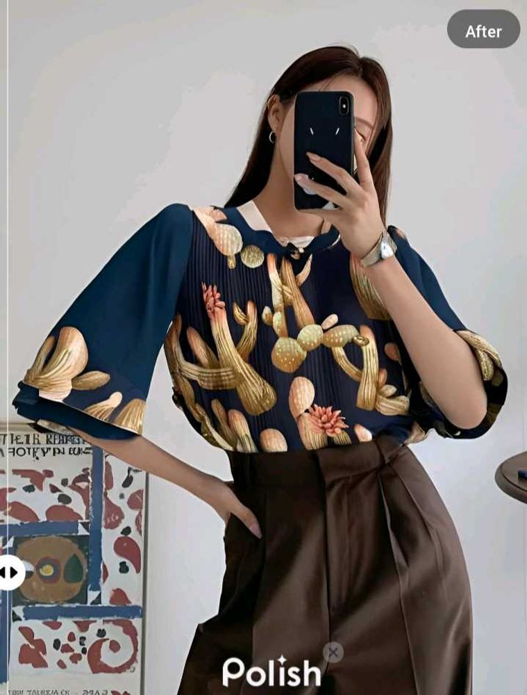 New With Tag Korean Feather Print Frill Top