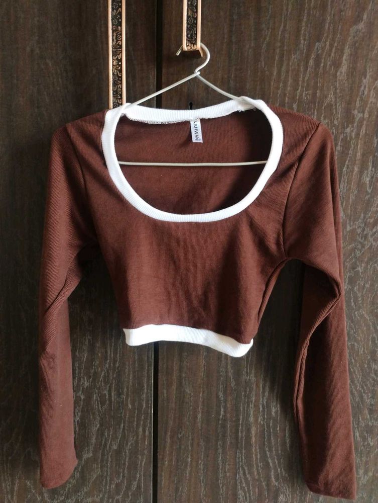 Brand New Full Sleeved Brown Fitted Crop Top