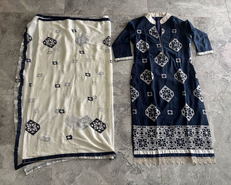 Elegant Navy Blue and White Embroidered Kurta Set