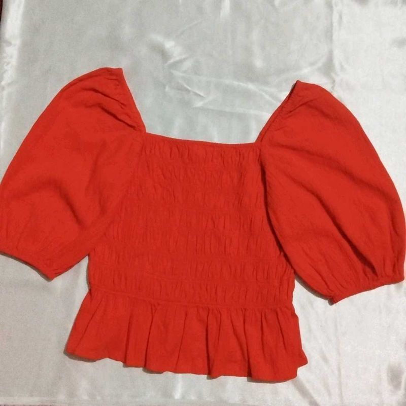 Red Smocked Puff Sleeve Top