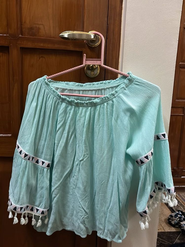 Mint Boho Off-Shoulder Top