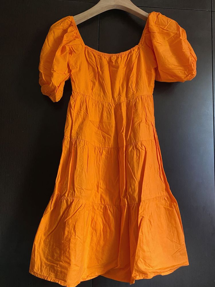 *Vibrant Orange Puff Sleeve Skater Dress