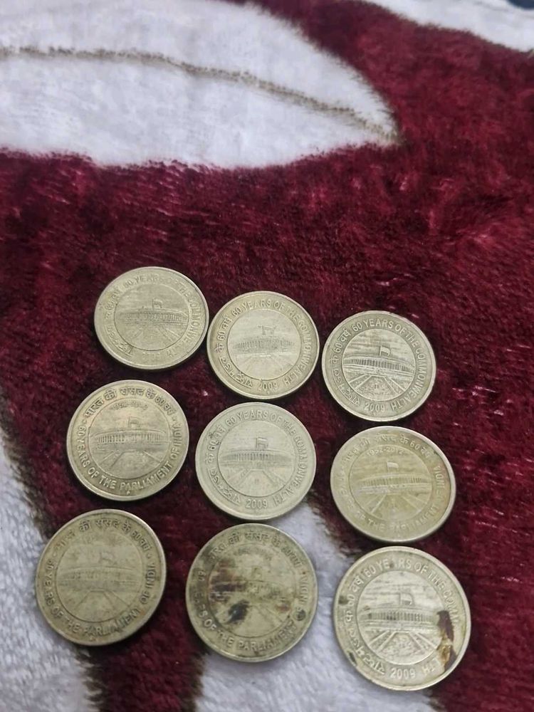 Rare Indian Parliament 5 Rupee Coins (x9)